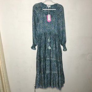 NEW! OMIKA  Riviera Maxi Dress Tabina Seaglass Boho Peasant Festival Maxi Dress